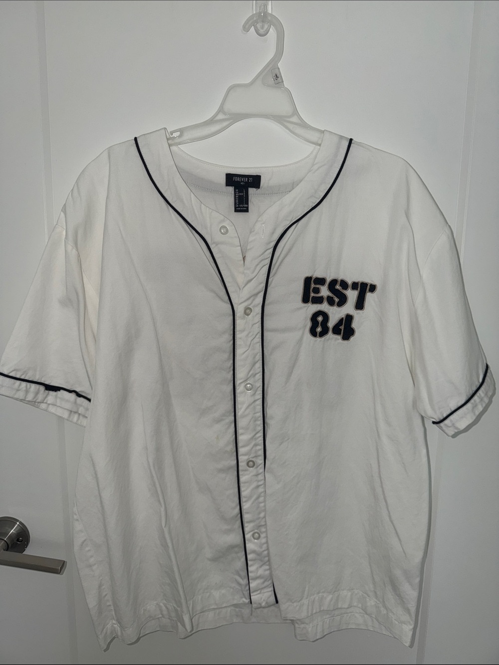 Forever 21 White Baseball-Style Jersey with Navy Trim